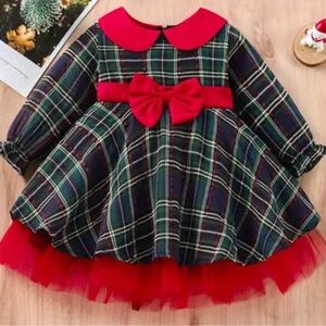 Girls Plaid Print with Red Tulle Holiday 
Dress